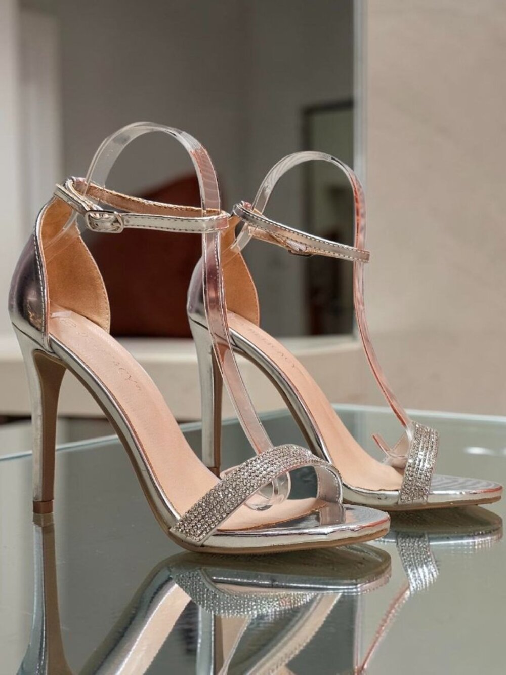 Womens Rhinestone Ankle Strap High Heel Sandals Silver Elegant Formal Party Shoe